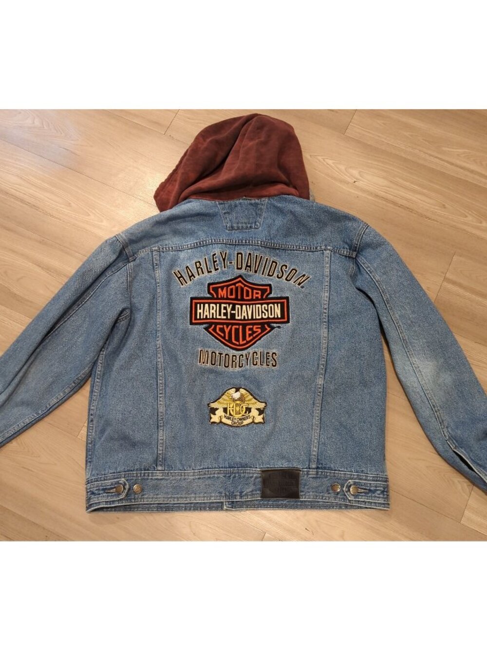 Harley Davidson Genuine Denim Jacket Mens XL Embroidered Patches Hood Heavy-lp
